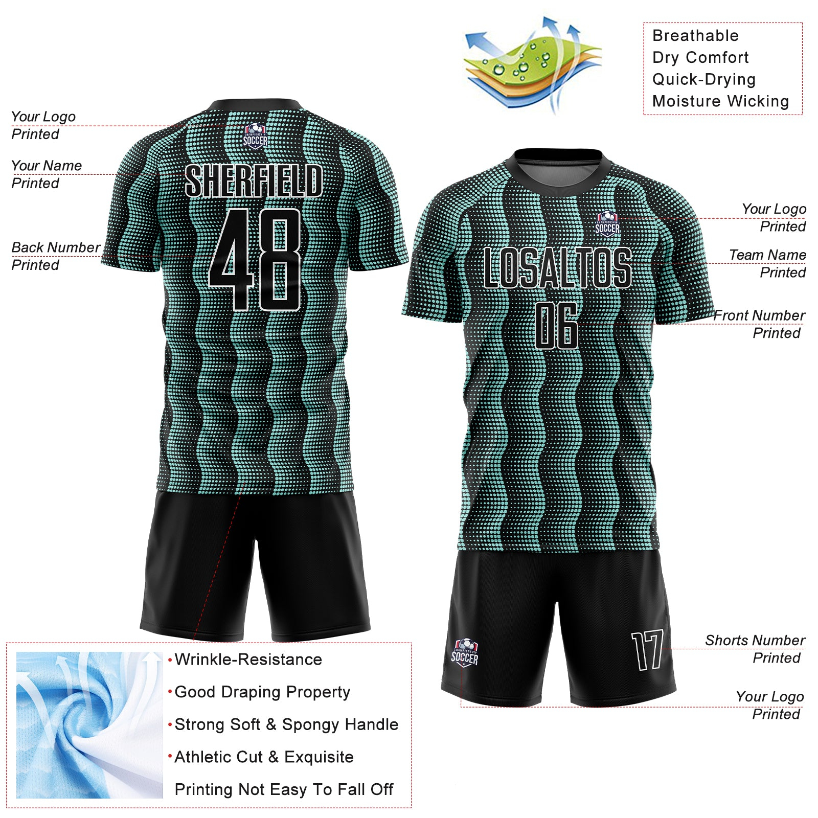 Custom Black Ice Blue-White Geometric Shape Sublimation Soccer Uniform Jersey