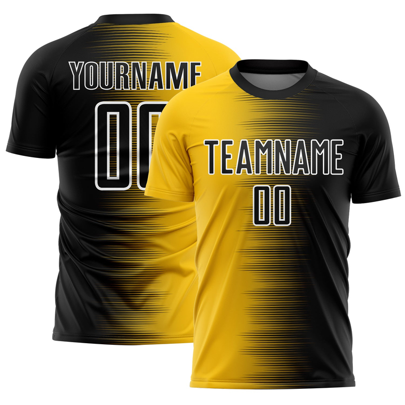 Custom Black Yellow-White Gradient Line Sublimation Soccer Uniform Jersey