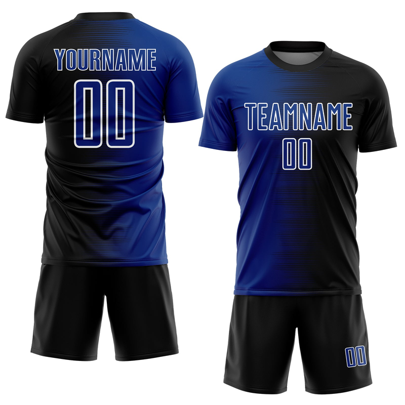 Custom Black Royal-White Gradient Line Sublimation Soccer Uniform Jersey