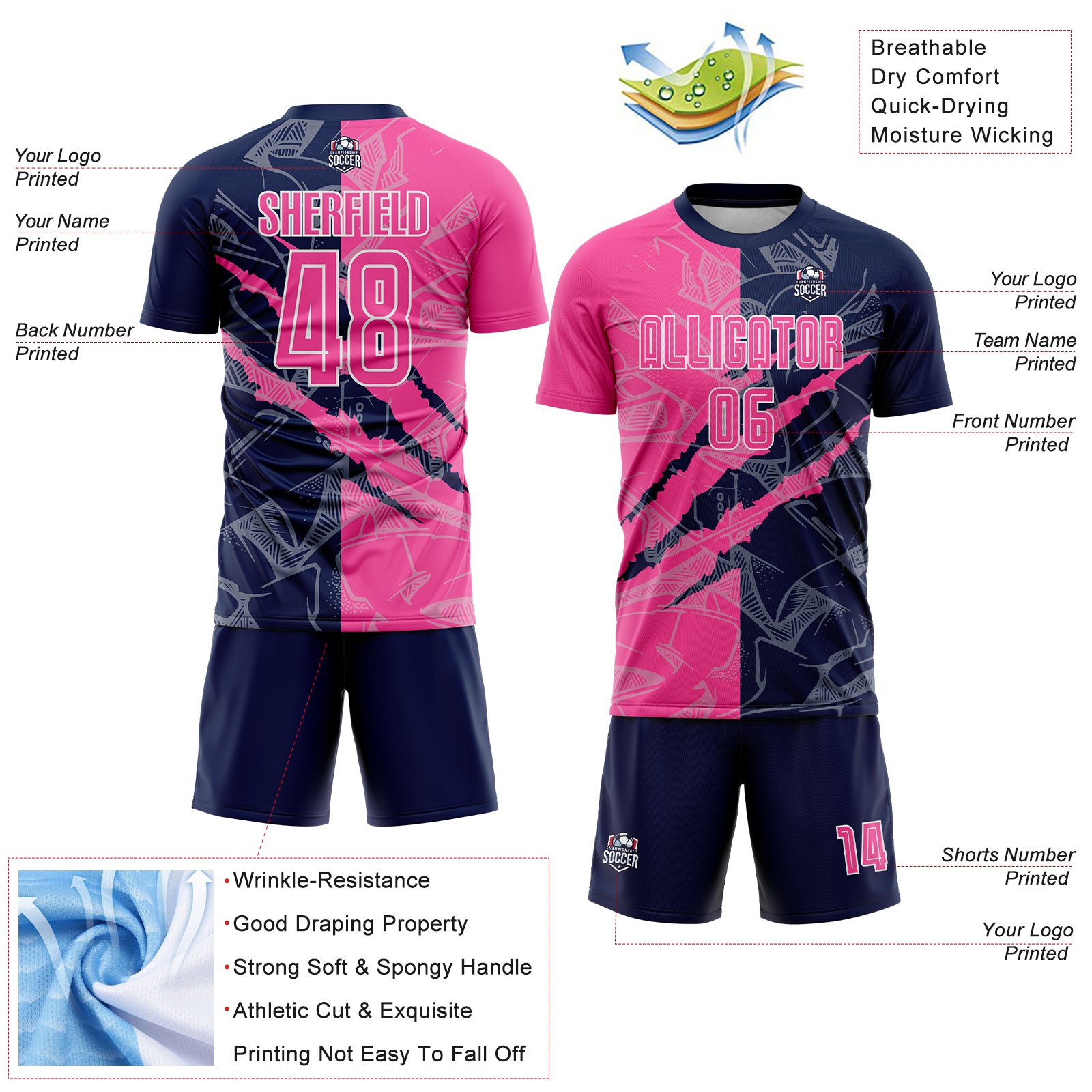 Custom Graffiti Pattern Pink-Navy Scratch Sublimation Soccer Uniform Jersey