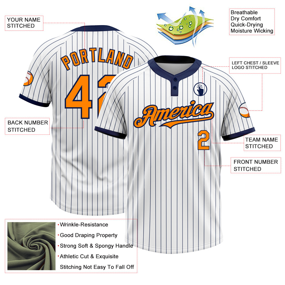 Custom White Navy Pinstripe Bay Orange Two-Button Unisex Softball Jersey