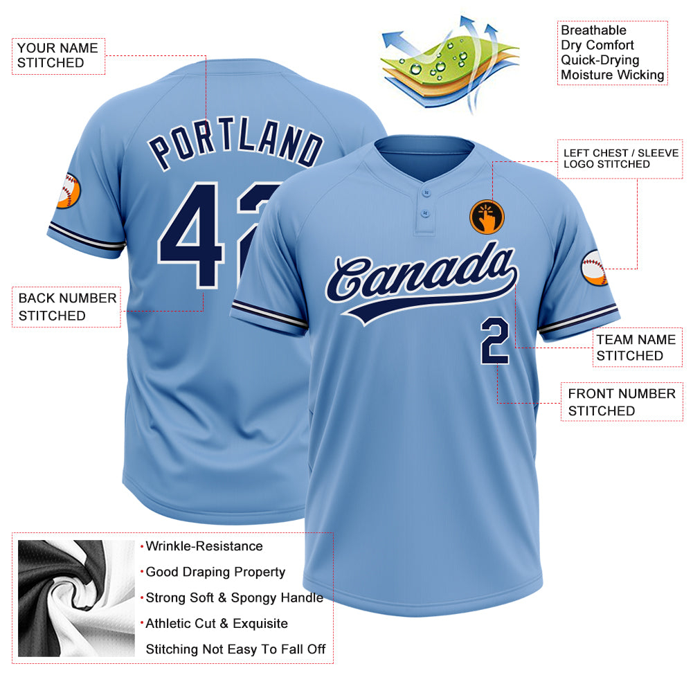 Custom Light Blue Navy-White Two-Button Unisex Softball Jersey