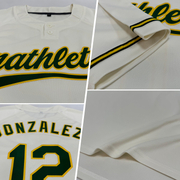 Custom Cream Green-Yellow Two-Button Unisex Softball Jersey