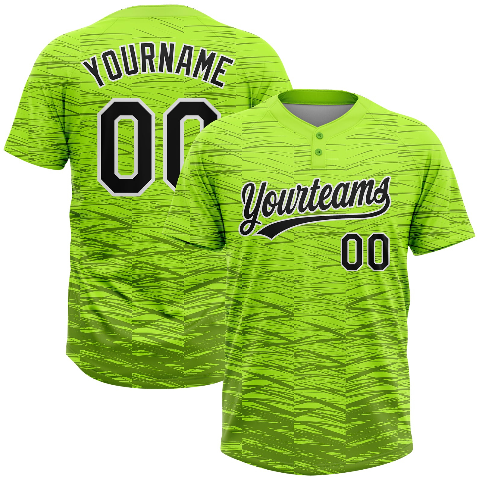 Custom Neon Green Black-White 3D Pattern Two-Button Unisex Softball Jersey