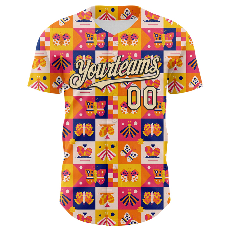 Custom Yellow Cream-Black 3D Ambartive Abstract Butterfly Pattern Authentic Baseball Jersey