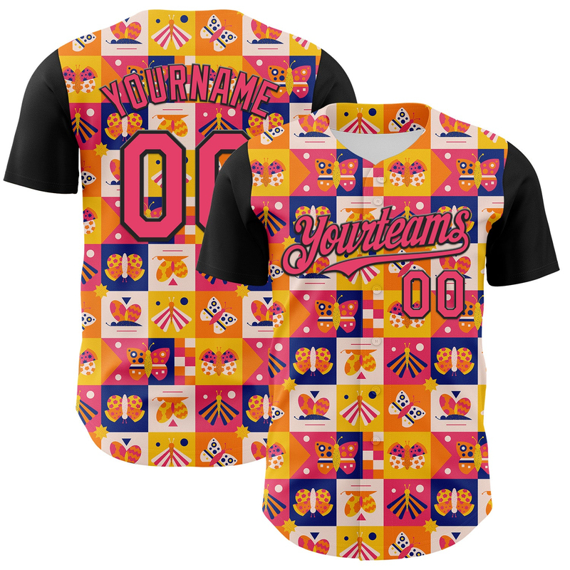Custom Yellow Neon Pink-Black 3D Ambartive Abstract Butterfly Pattern Authentic Baseball Jersey