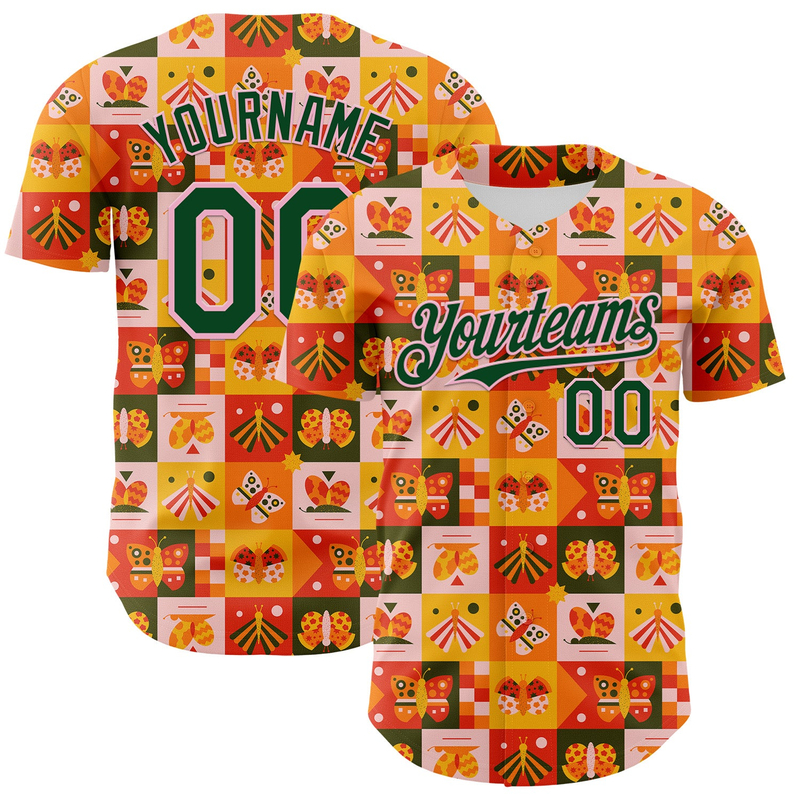 Custom Bay Orange Green-Light Pink 3D Ambartive Checkered Butterfly Pattern Authentic Baseball Jersey
