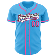 Custom Sky Blue Pink-Black Authentic Baseball Jersey