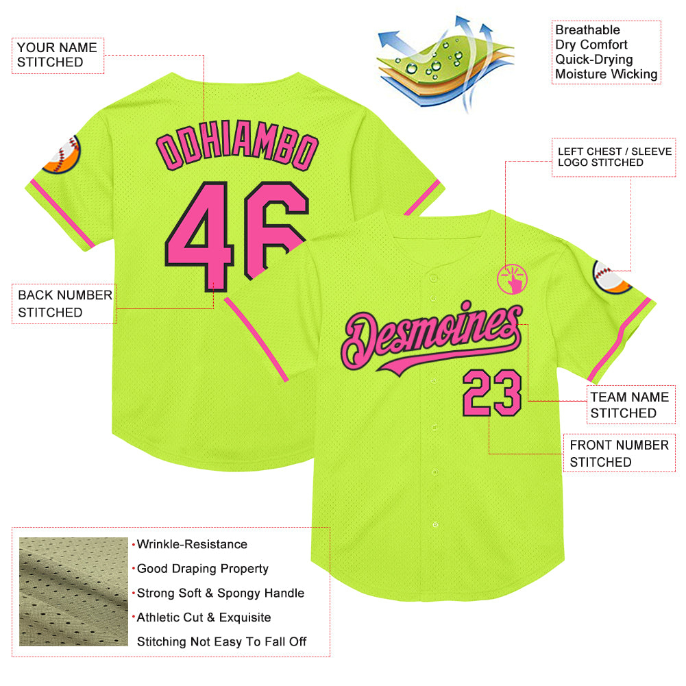 Custom Neon Green Pink-Black Mesh Authentic Throwback Baseball Jersey