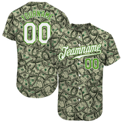 Custom Green White-Neon Green 3D Pattern Design Dollar Authentic Baseball Jersey