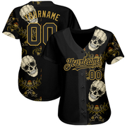 Custom Black Old Gold 3D Plant And Skull Fashion Authentic Baseball Jersey
