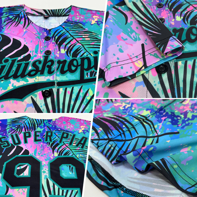 Custom Teal Black 3D Pattern Design Hawaii Palm Leaves Authentic Baseball Jersey