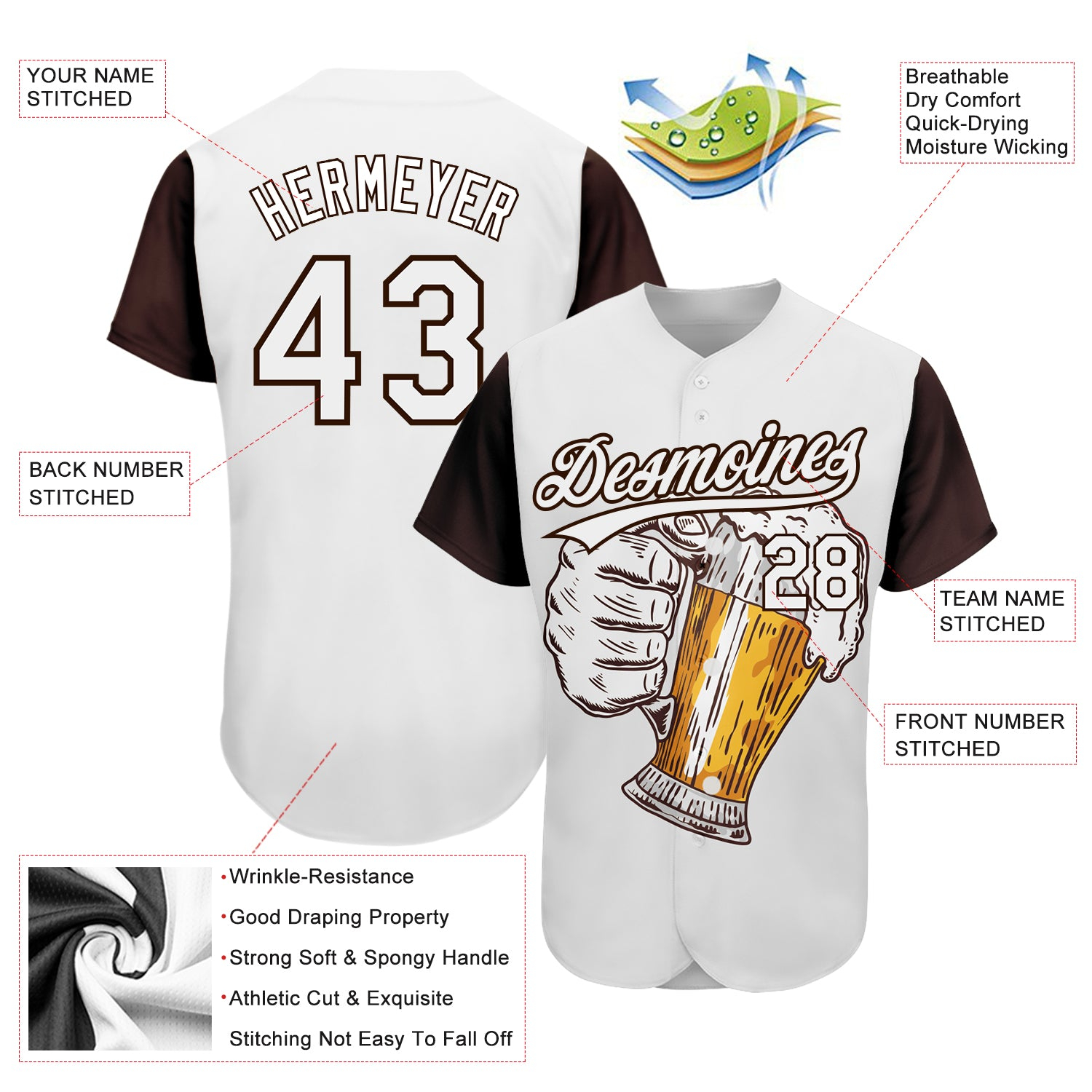 Custom White Brown 3D Pattern Design Beer Festival Authentic Baseball Jersey
