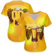 Custom Yellow White 3D Pattern Design Beer Authentic Baseball Jersey