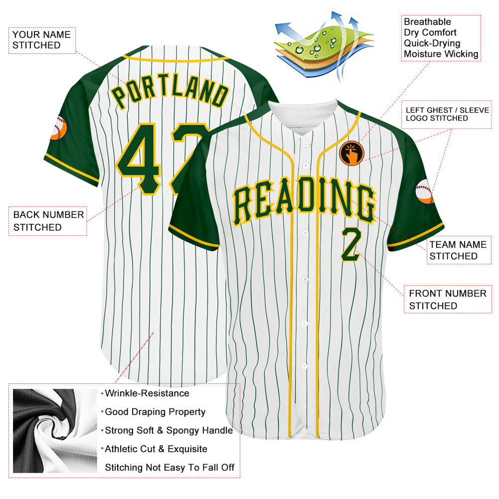 Custom White Green Pinstripe Green-Gold Authentic Raglan Sleeves Baseball Jersey