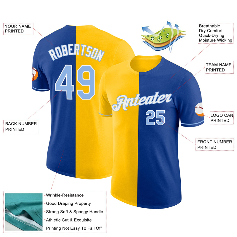 Custom Royal Light Blue-Yellow Split Fashion Performance T-Shirt