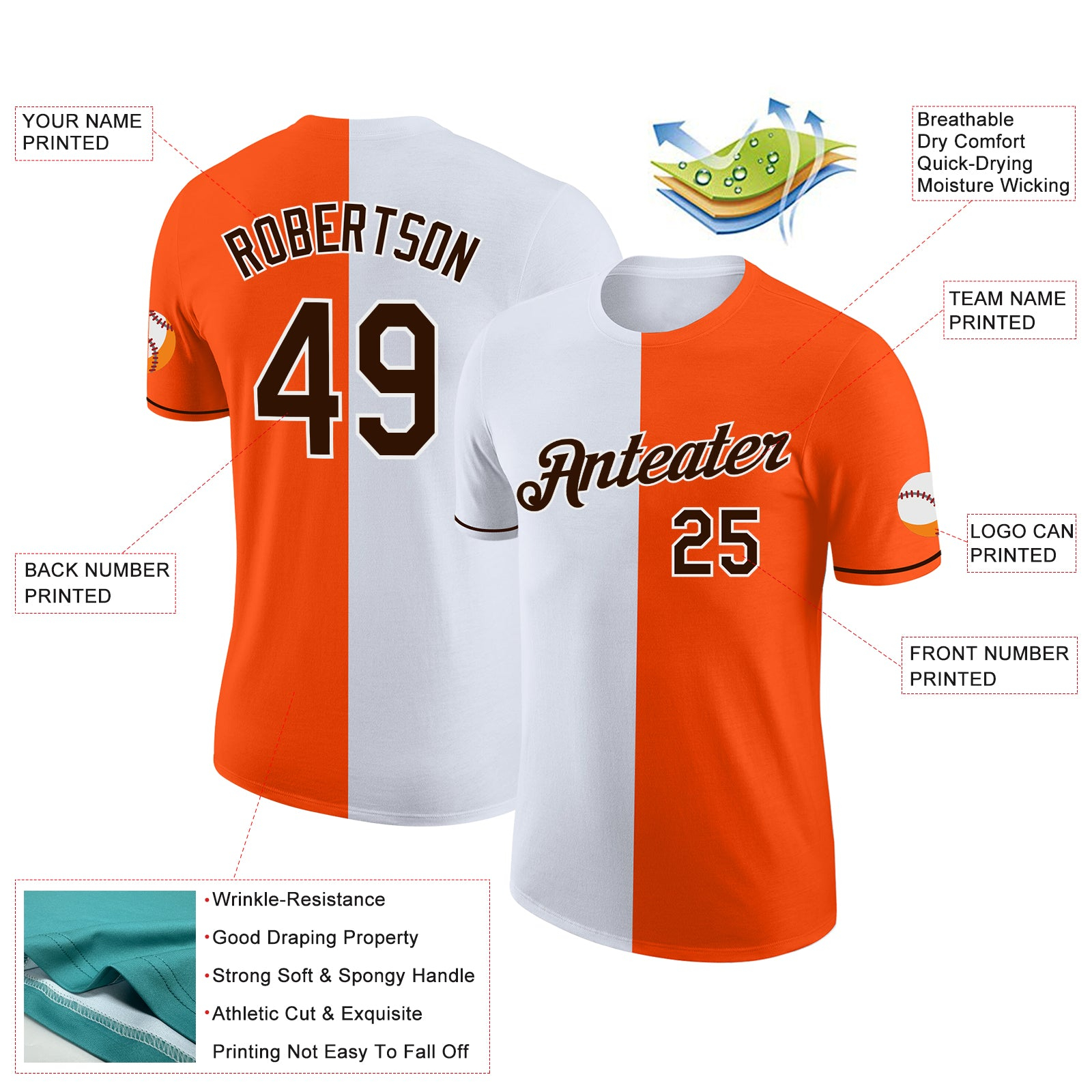 Custom Orange Brown-White Split Fashion Performance T-Shirt