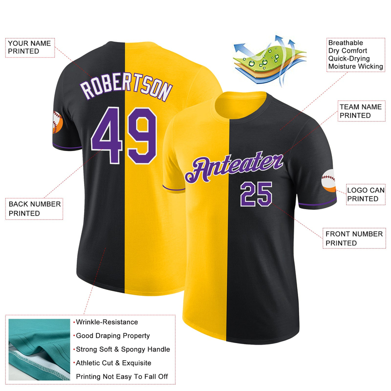 Custom Black Purple-Yellow Split Fashion Performance T-Shirt