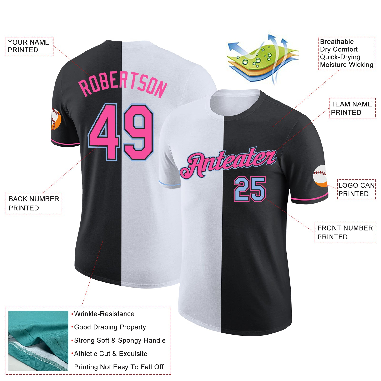 Custom Black Pink-Light Blue Split Fashion Performance T-Shirt