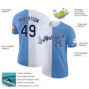 Custom Light Blue Navy-White Split Fashion Performance T-Shirt