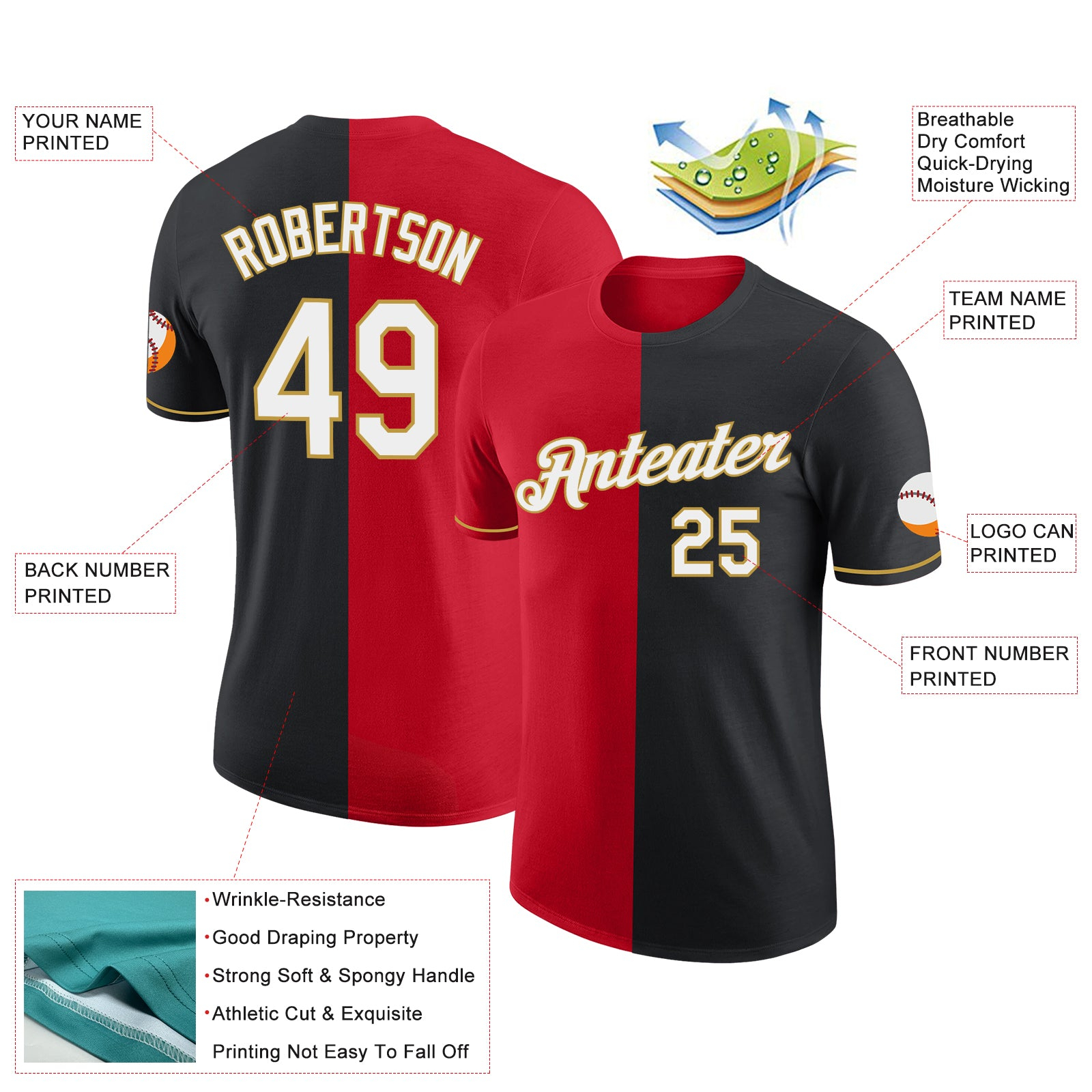 Custom Black Red-Old Gold Split Fashion Performance T-Shirt