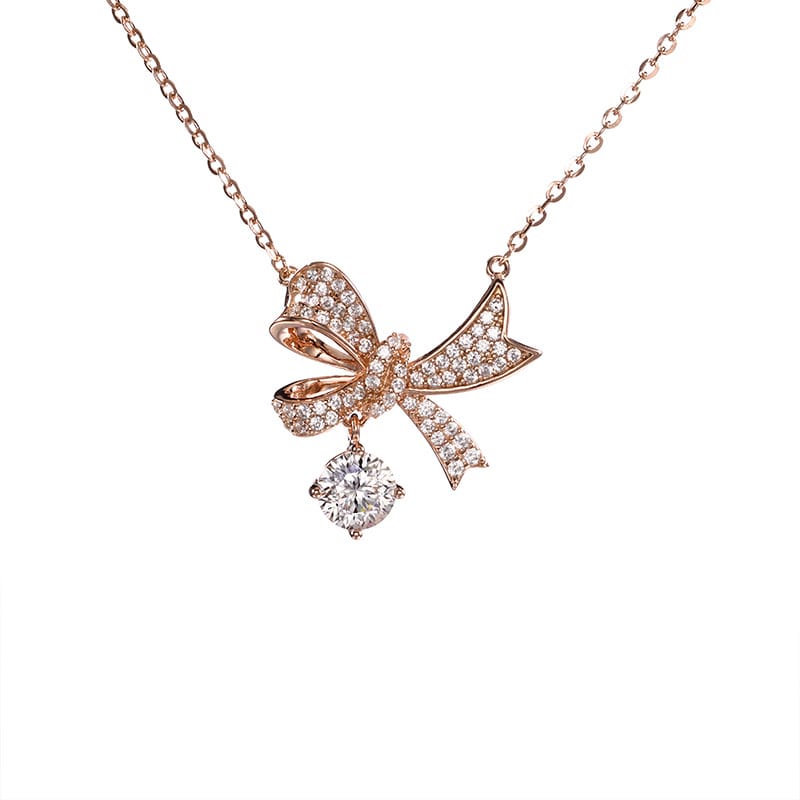 S925 sterling silver bow Moissanite Necklace: A niche, light luxury, high-end, and diamond-encrusted, super sparkling necklace