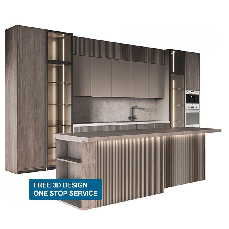 Luxurious kitchen, custom-made storage cabinets made of solid wood and walnut, modular full cabinets