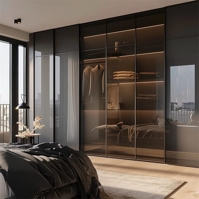 Luxury Black Wall Mounted Wardrobe with Glass Doors and Interior LED Lighting Customized Modular Closet Wardrobe
