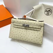 MINI KELLY POCHETTE OSTRICH 3C WHITE WOOL SILVER HARDWARE PHW 22CM FULL HANDMADE
