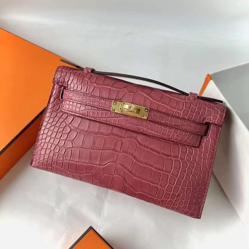 MINI KELLY POCHETTE MATTE ALLIGATOR ROSE PINK GOLD HARDWARE 22CM FULL HANDMADE GHW