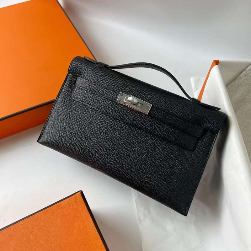 MINI KELLY POCHETTE EPSOM CK89 BLACK SILVER HARDWARE PHW 22CM FULL HANDMADE