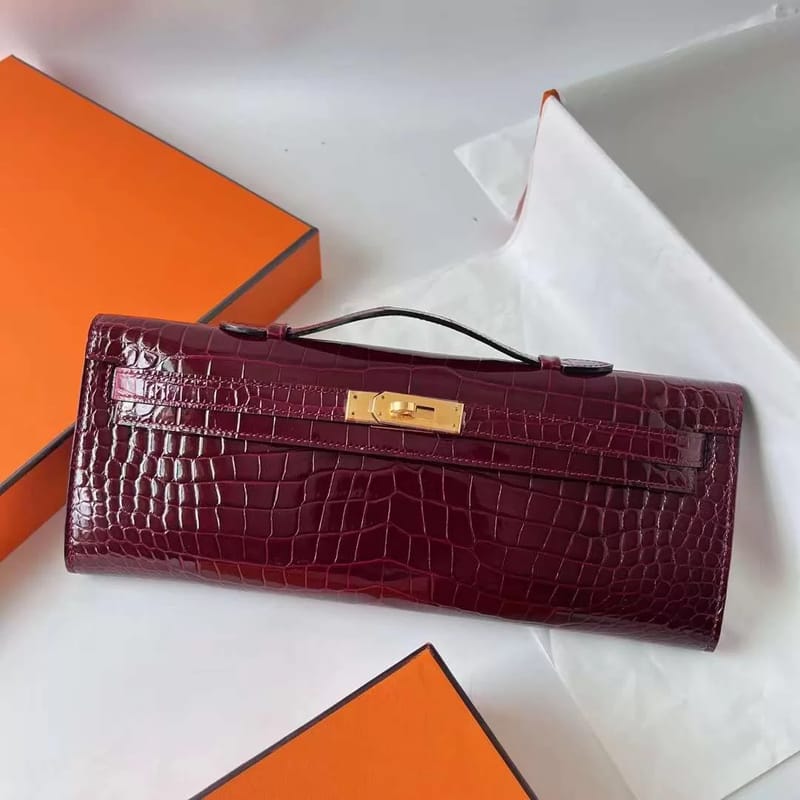 KELLY CUT SHINY POROSUS CROCODILE F5 WINE RED GOLD HARDWARE GHW 31CM FULL HANDMADE
