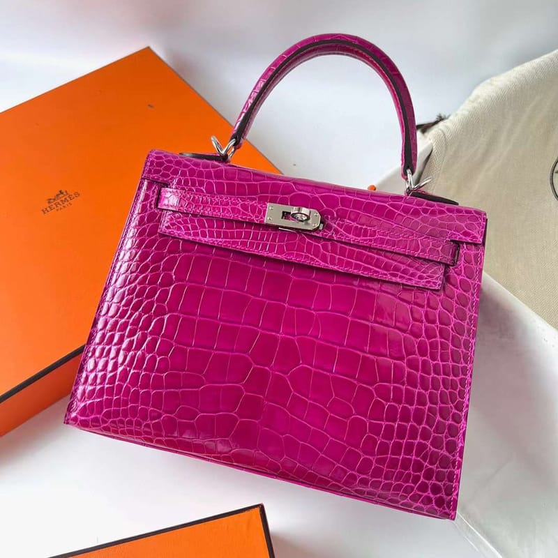 KELLY SHINY ALLIGATOR CROCODILE J5 DEEP ROSE PINK PURPLE SILVER HARDWARE PHW 25CM FULL HANDMADE