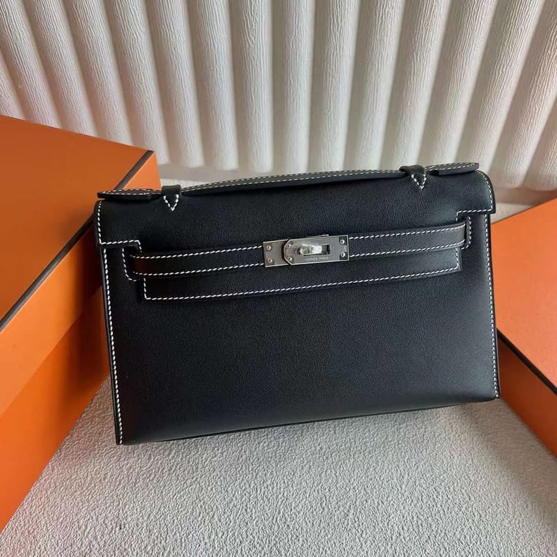 Kelly Pochette Swift Ck89 Black & 9r Lemon Yellow Silver Hardware 22cm Full Handmade Phw