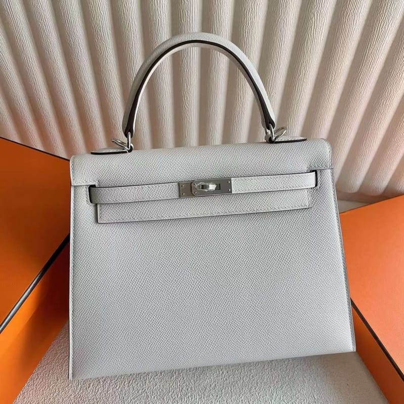 KELLY EPSOM M4 CREAM WHITE SILVER HARDWARE 25CM FULL HANDMADE PHW