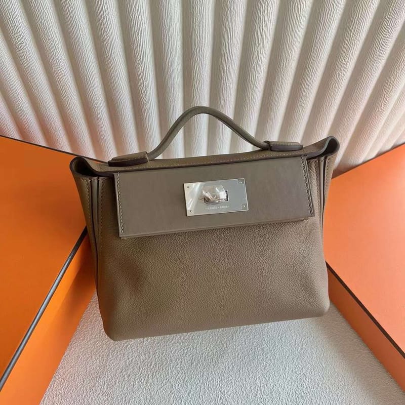 MINI KELLY 2424 EVERCOLOR & SWIFT D0 CHESTNUT BROWN & ETOUPE GREY SILVER HARDWARE 21CM FULL HANDMADE PHW
